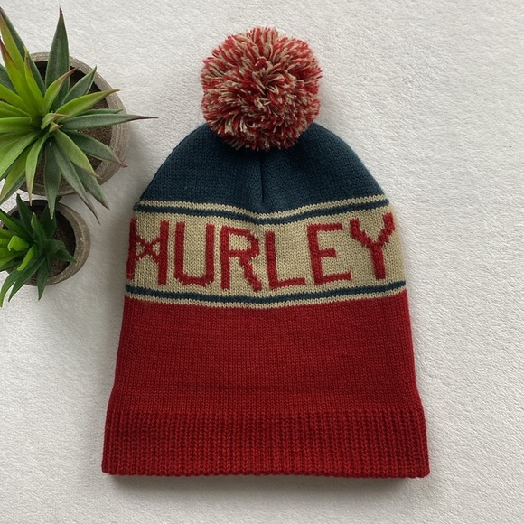 Hurley Striped Color Block Acrylic Knit Cuff Pom Beanie (Red/Blue/Cream) - Picture 5 of 9